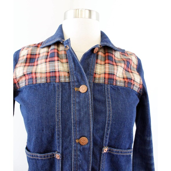 Madewell Denim Jean Plaid Insert Trucker Jacket Size XXS 2XS Cropped Fall - Picture 3 of 8